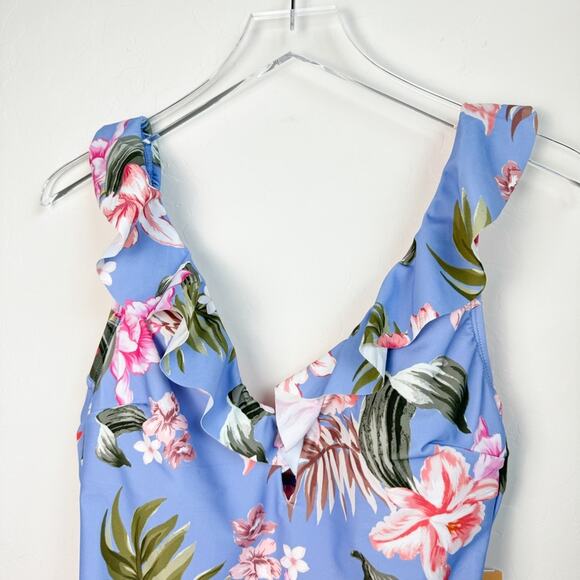 Kona Sol Floral One Piece Swimsuit Blue Pink Ruffle NWT Large - Picture 3 of 12